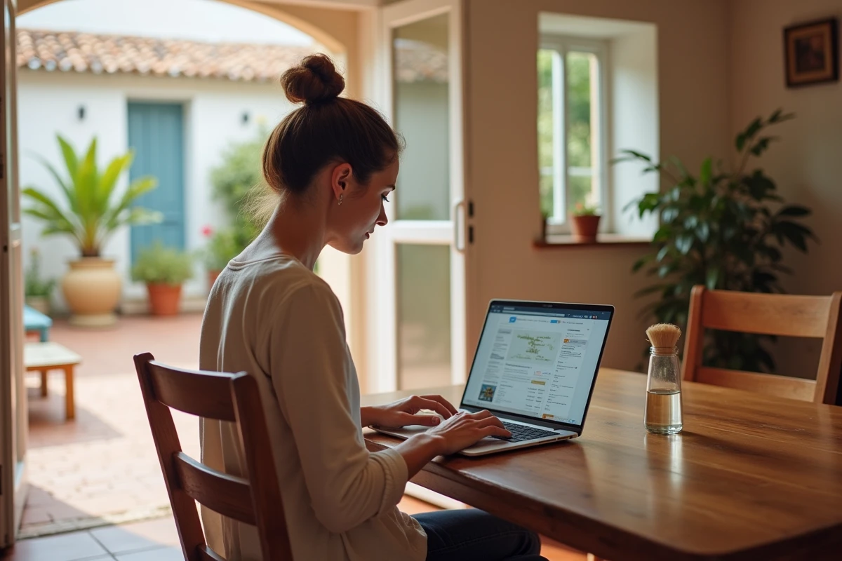 Mère de famille comparant des locations de vacances et clubs sur ordinateur portable dans une maison de vacances méditerranéenne