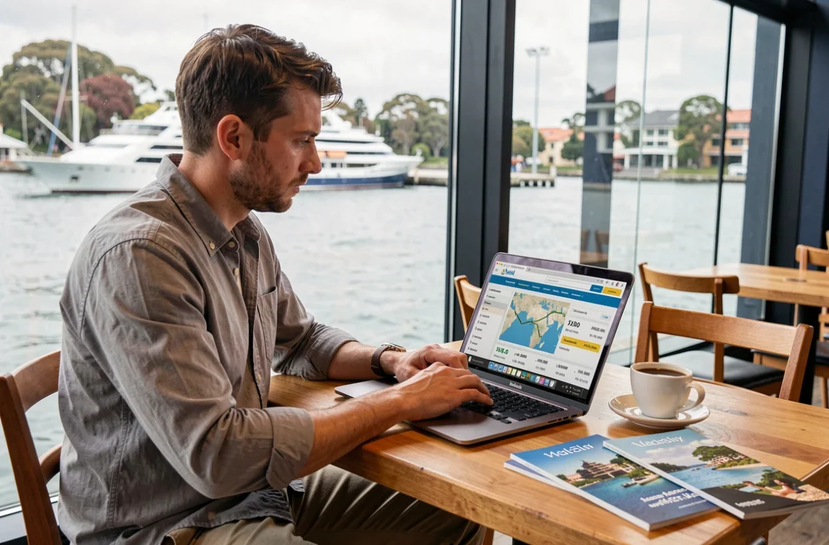Homme comparant les prix de croisières en Australie sur un ordinateur portable dans un café de Melbourne