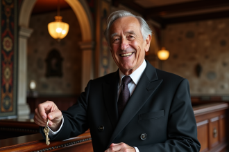 Concierge âgé dans un hôtel ancien avec clé vintage