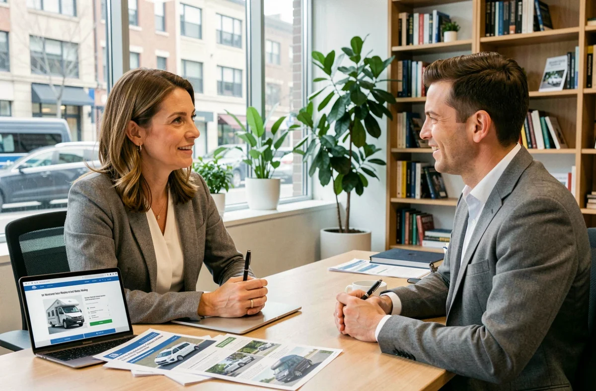 Femme discutant de son contrat d'assurance camping-car Hymer avec un conseiller en agence