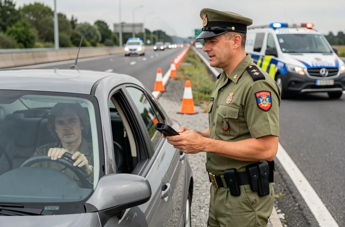 Contrôle routier par un agent de la Guardia Civil sur une autoroute espagnole