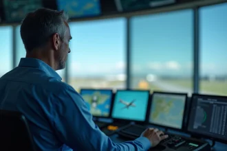 Contrôleur aérien surveillant le radar en tour de contrôle