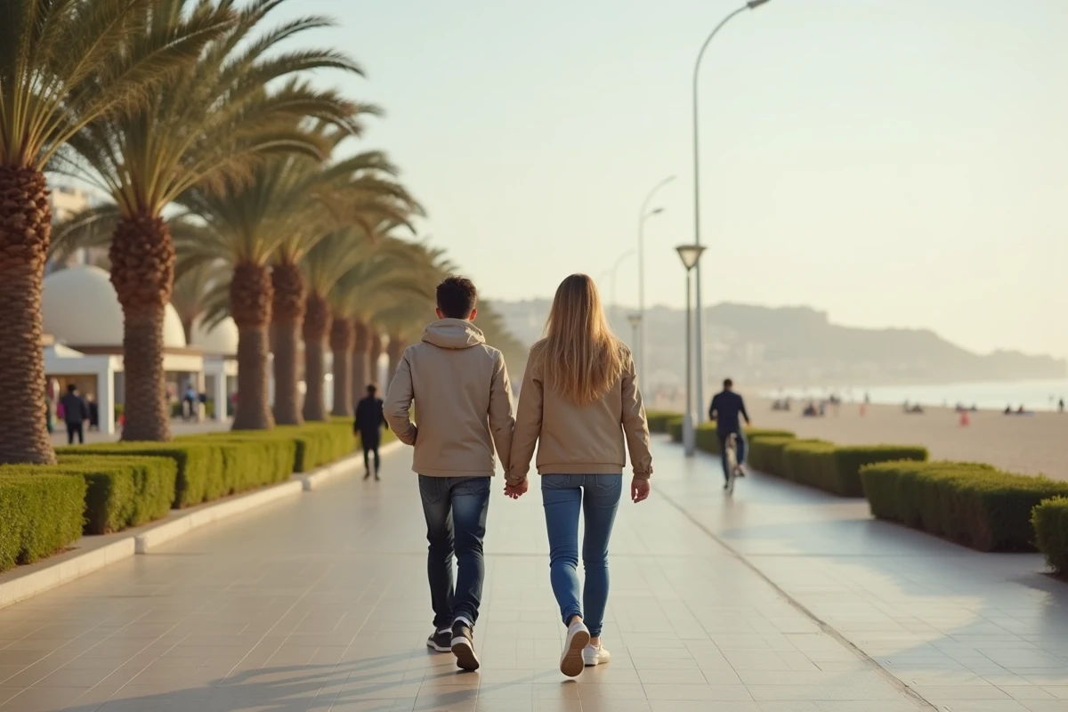 Couple se promenant sur la corniche d'Agadir en février avec palmiers et plage en arrière-plan