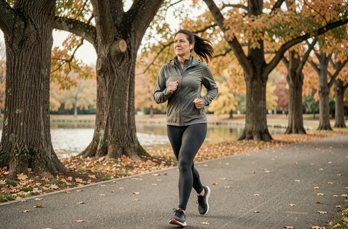 Femme faisant du jogging sur un sentier boisé de Flushing Meadows–Corona Park en automne