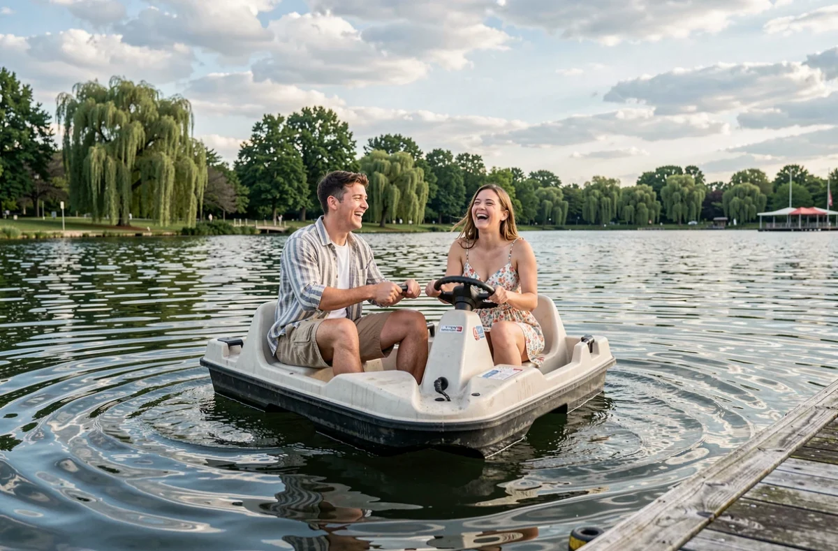 Deux amis en bateau à pédales sur le lac de Corona Park à Queens par une journée estivale