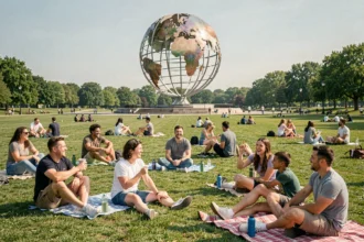 Familles pique-niquant sur la pelouse de Corona Park à Queens avec l'Unisphere en arrière-plan