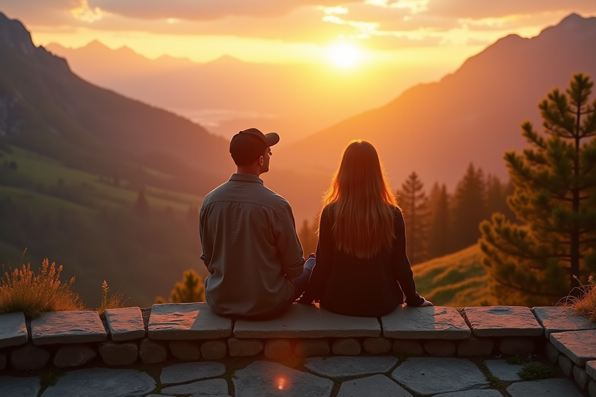 Couple au coucher du soleil sur une terrasse en HautesAlpes