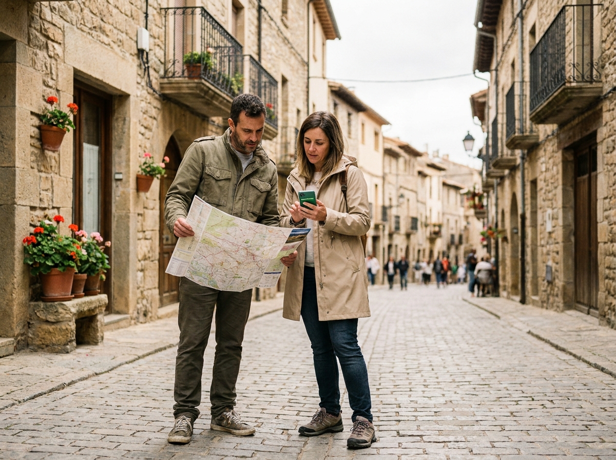 Couple de voyageurs vérifiant leur assurance voyage sur smartphone dans une rue pavée européenne