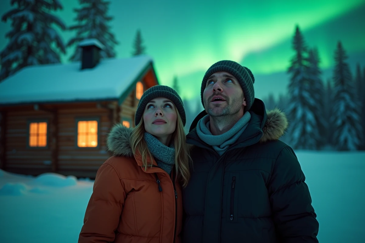 Couple en tenue hivernale contemplant une aurore boréale devant un chalet traditionnel finlandais enneigé en Laponie