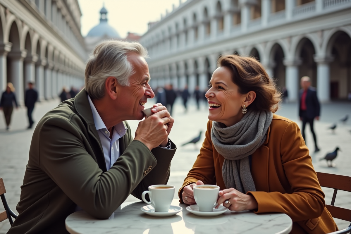 Couple dégustant un espresso à un café en plein air à Venise