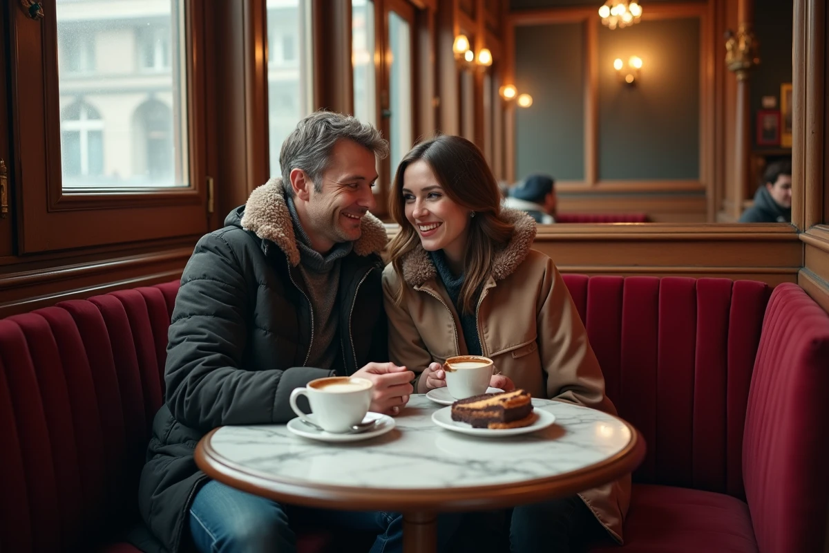 Couple savourant un café et une Sachertorte dans un célèbre café viennois typique
