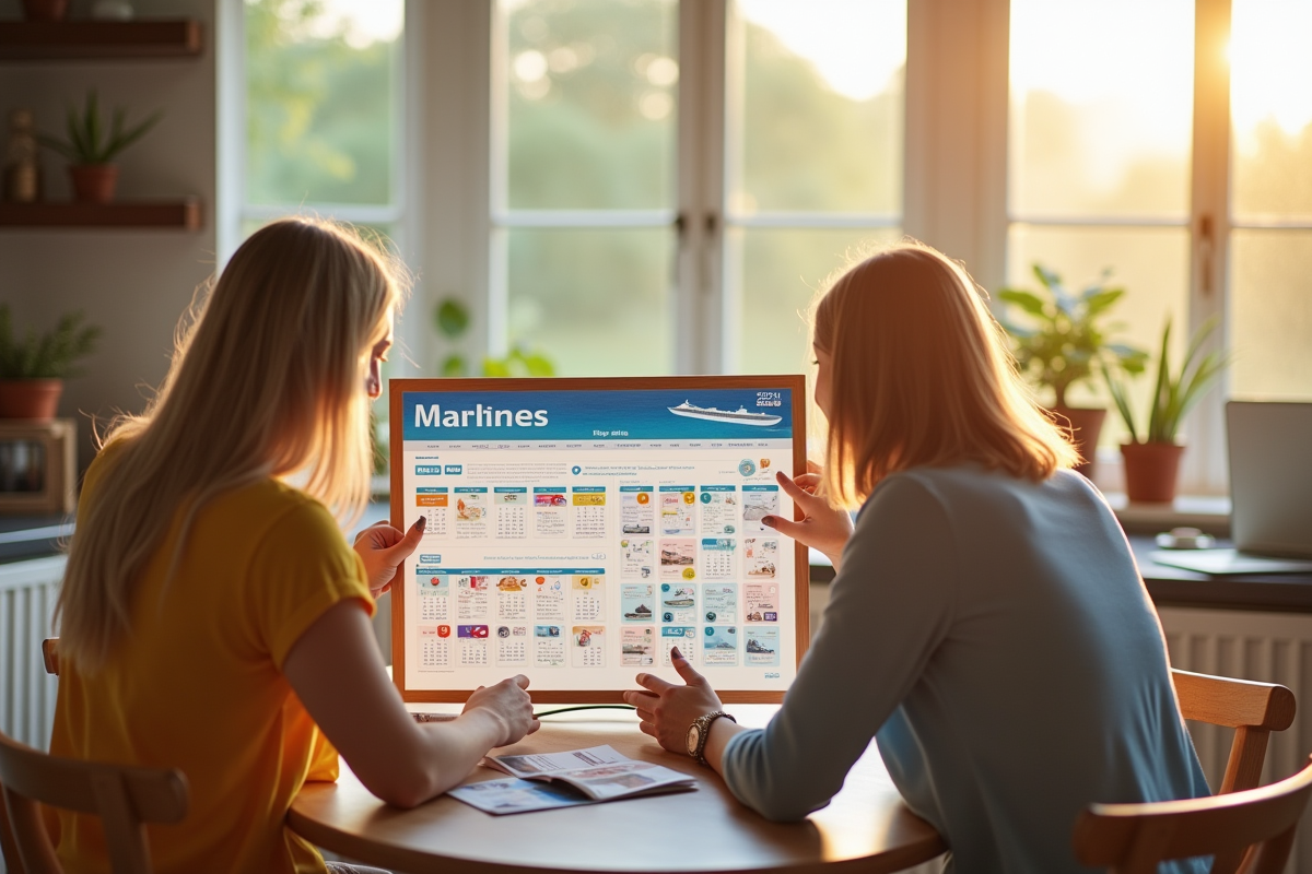 Couple regardant calendrier de croisiere avec destinations colorées à la maison