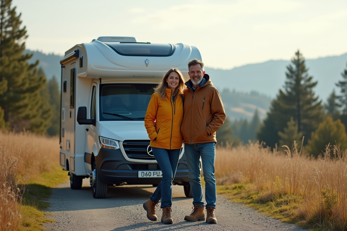 Couple en randonnée près d un van en campagne