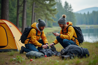 Jeune couple préparant une tente en forêt pour le camping