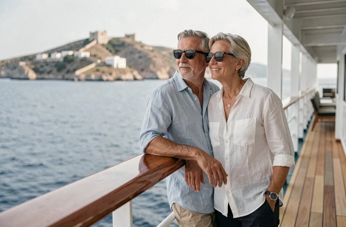 Couple de voyageurs sur le pont d'un bateau de croisière avec vue sur les côtes grecques