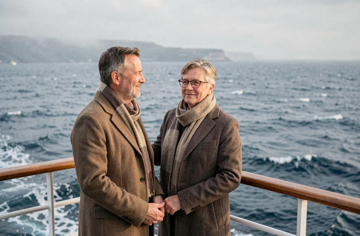 Couple de voyageurs à la proue d'un navire de croisière admirant la mer du Nord