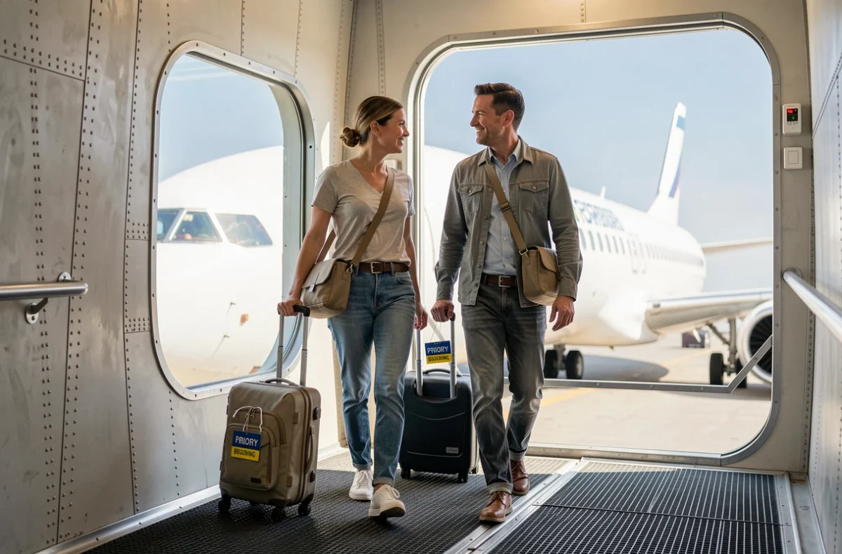 Couple de voyageurs fréquents Volotea marchant dans la passerelle d'embarquement prioritaire vers l'avion