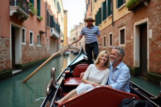 Couple souriant en gondola à Venise avec bâtiments anciens