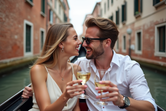 Jeune couple souriant partageant un verre de vin à Venise