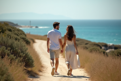 Jeune couple main dans la main sur un sentier en Provence