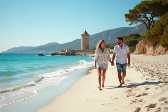 Jeune couple souriant sur la plage de Fautea avec la tour génoise