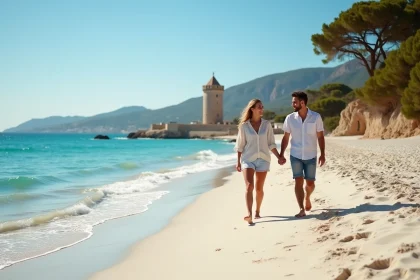 Jeune couple souriant sur la plage de Fautea avec la tour génoise