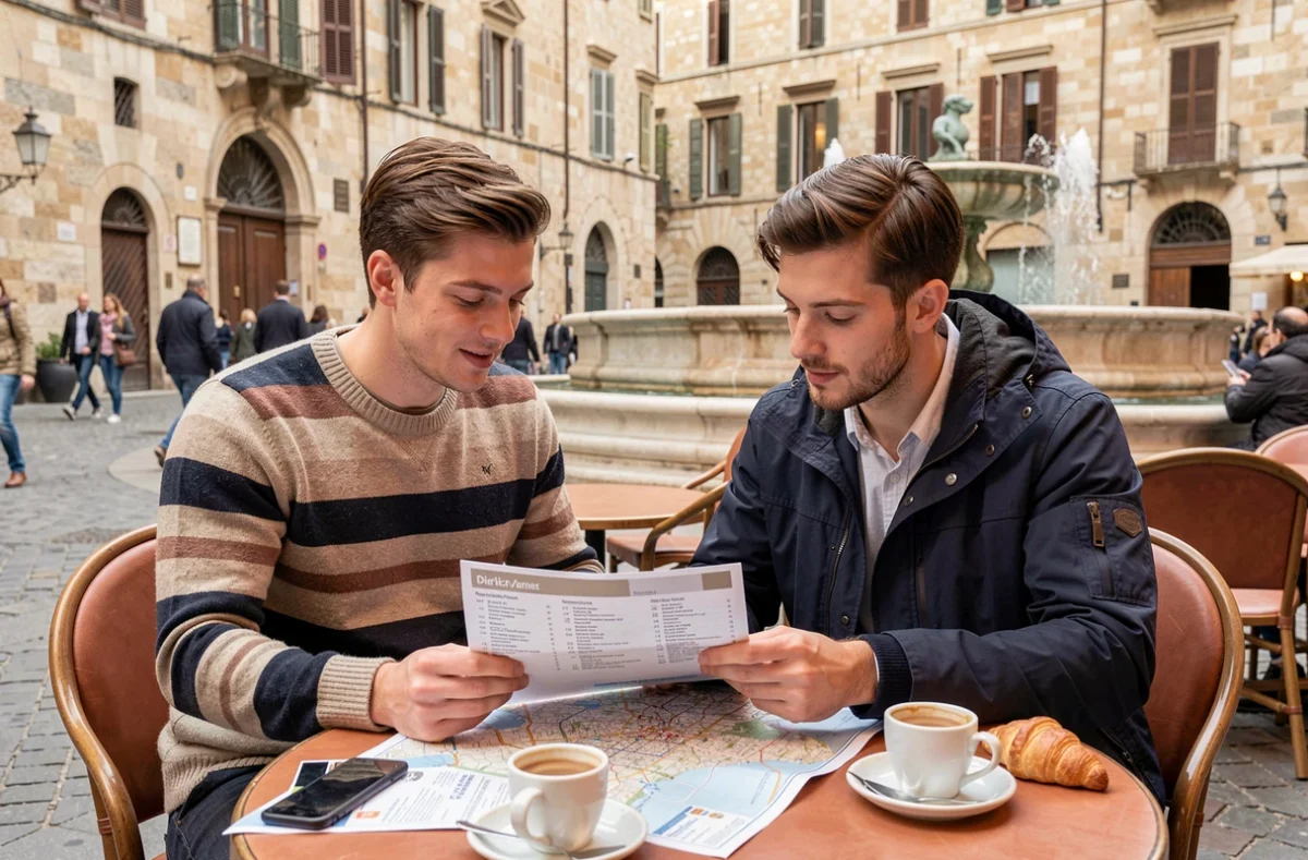 Couple de voyageurs planifiant leur journée de visite autour d'un café en terrasse dans une place historique européenne
