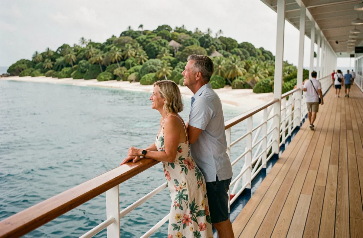 Couple de voyageurs admirant une île tropicale depuis le pont d'un bateau de croisière Star Croisières