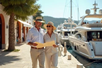 Couple en vêtements de lin se promenant sur le port de Porto Cervo en Sardaigne, consultant une carte touristique devant les yachts de luxe amarrés