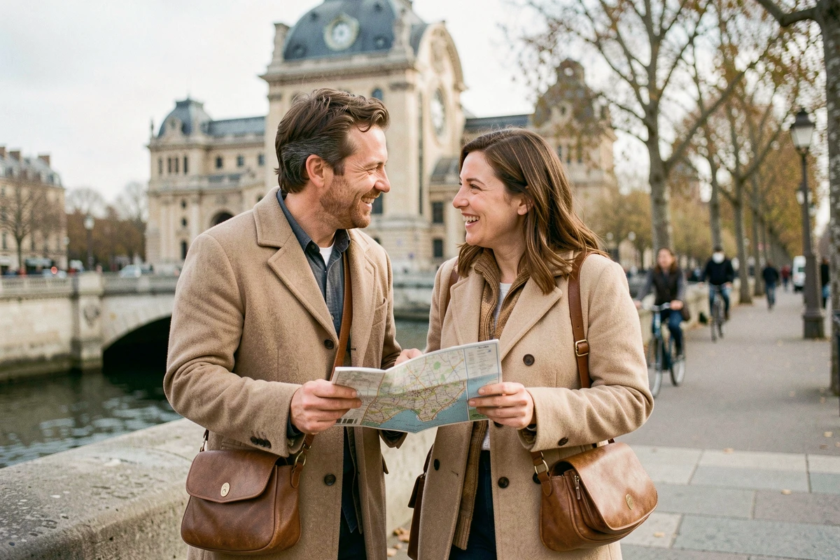 Couple se promenant sur les quais de Seine devant le Musée d'Orsay lors d'une escapade parisienne en automne