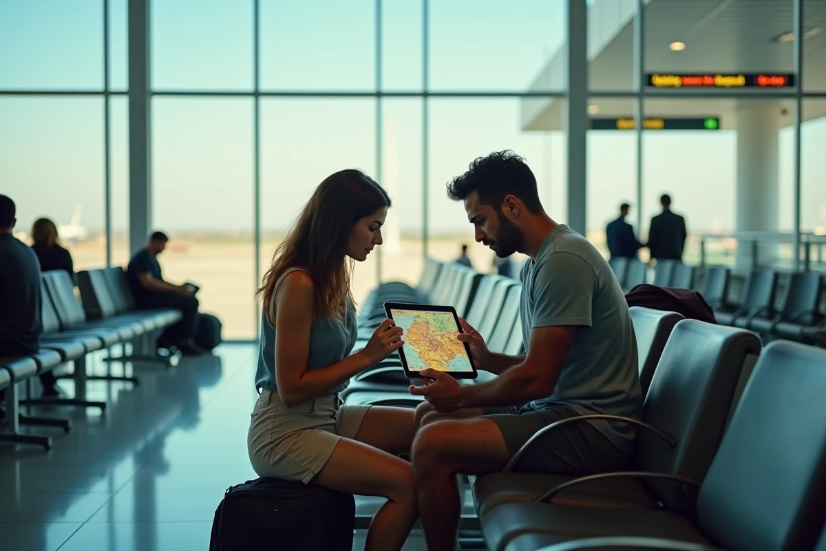 Couple de voyageurs consultant une carte des risques sanitaires sur tablette dans le hall de l'aéroport international du Caire avant un départ en août