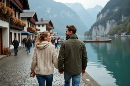 Couple en promenade romantique sur le bord du lac à Hallstatt en Autriche en automne
