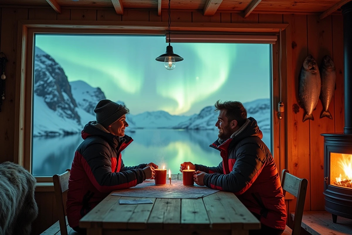 Couple savourant un café chaud dans un rorbu traditionnel des Lofoten en contemplant les aurores boréales à travers la fenêtre givrée en hiver