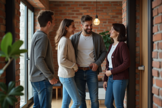 Jeune couple accueillant une femme dans un appartement urbain