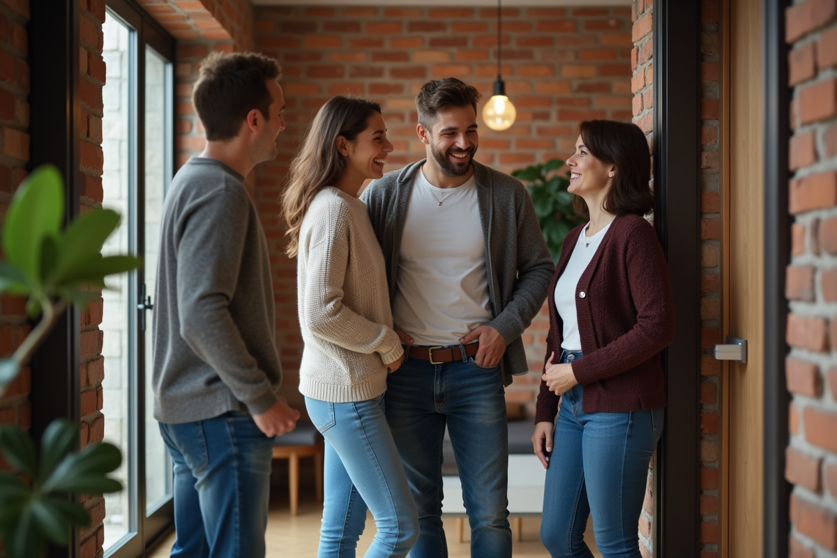 Jeune couple accueillant une femme dans un appartement urbain