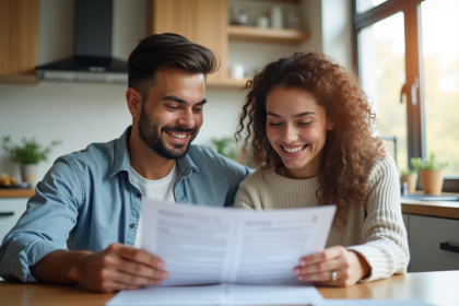 Jeune couple regardant documents d'assurance santé ensemble