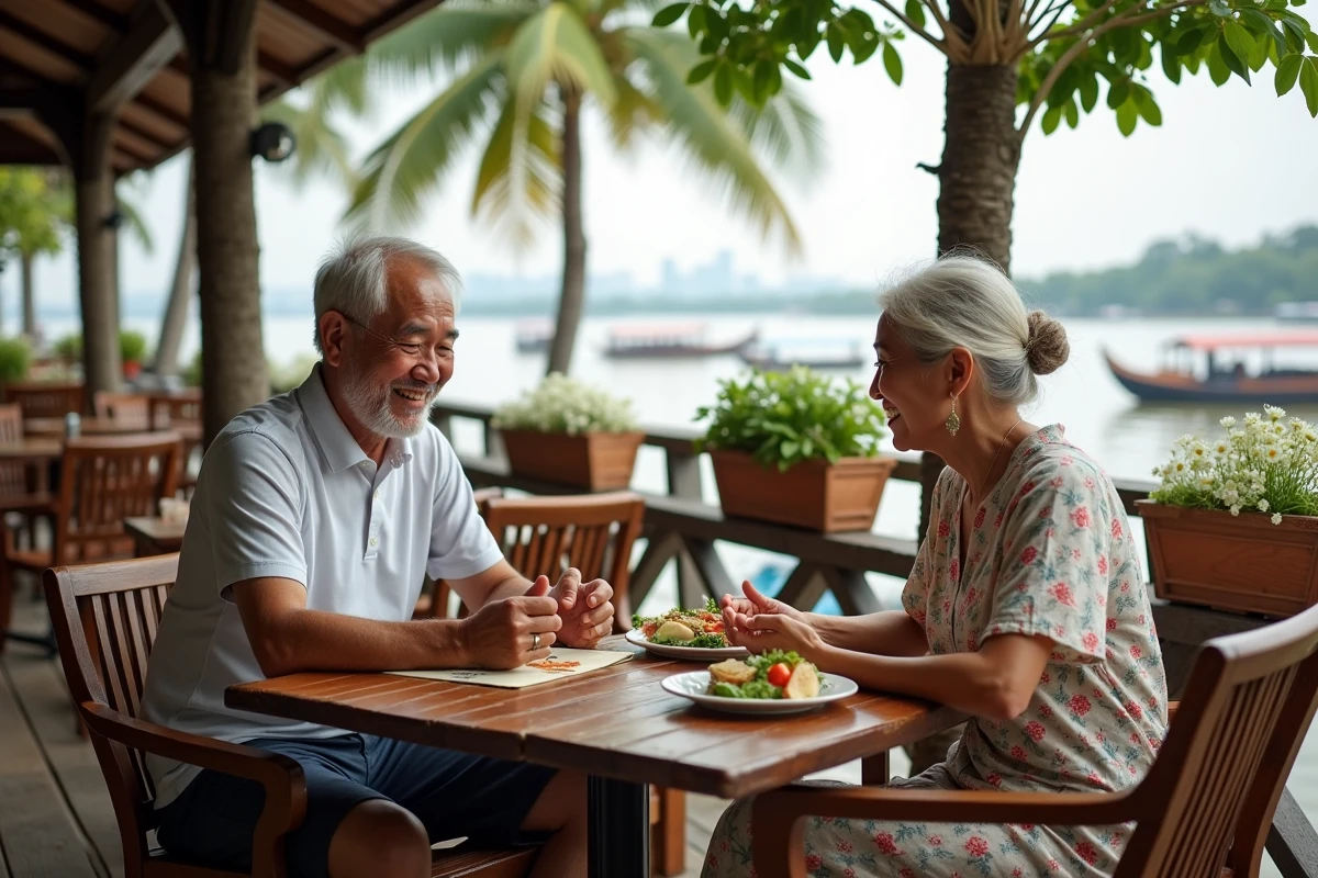 Couple de seniors savourant un repas dans un restaurant en bord de rivière à Bangkok, voyage sécurisé en Thaïlande pour personnes âgées