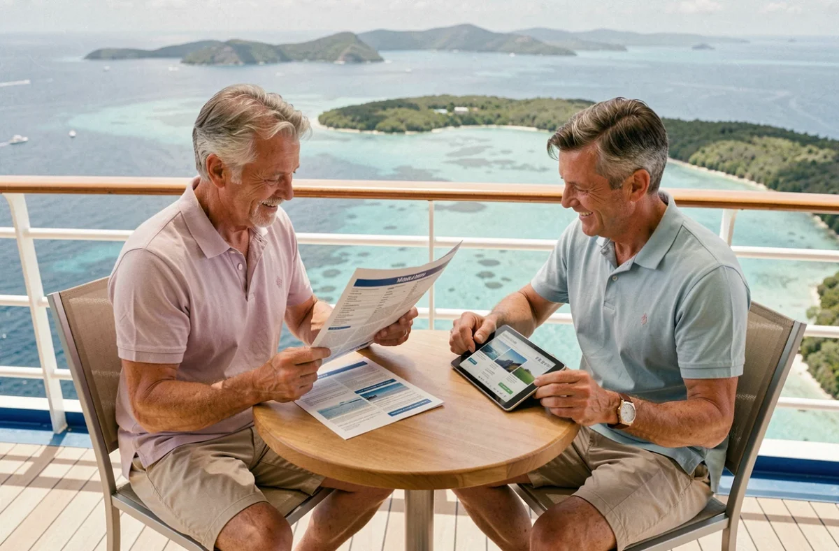 Couple consultant le programme et le tarif d'une croisière australienne en mer avec vue sur la Grande Barrière de Corail