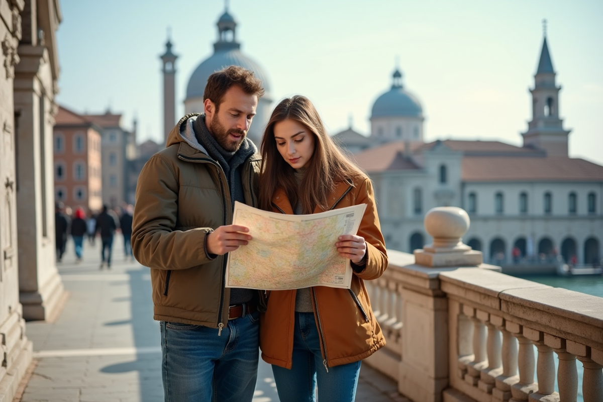 Jeune couple regardant une carte sur un pont de Venise