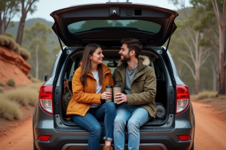 Jeune couple souriant partageant un café dans le coffre d'un SUV en pleine nature australienne