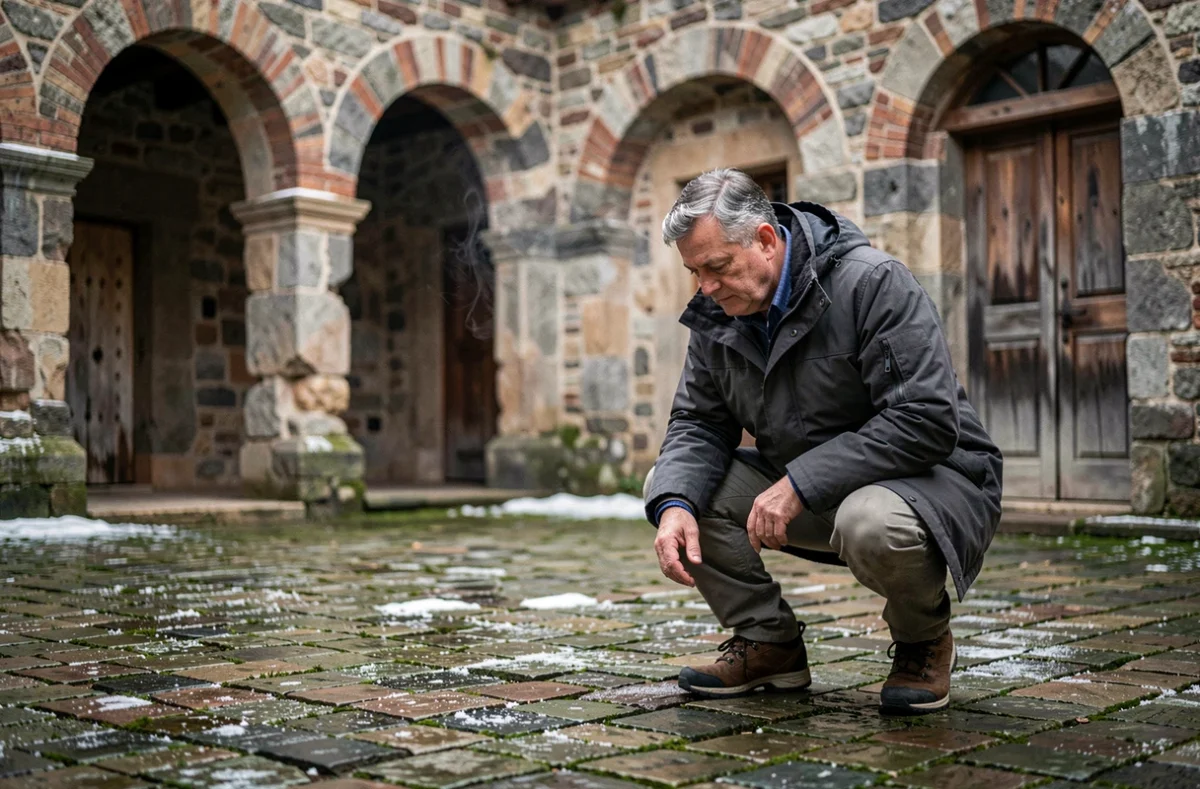 Photographe solitaire explorant la cour intérieure du château de Requesens en hiver, ambiance calme et authentique hors saison touristique