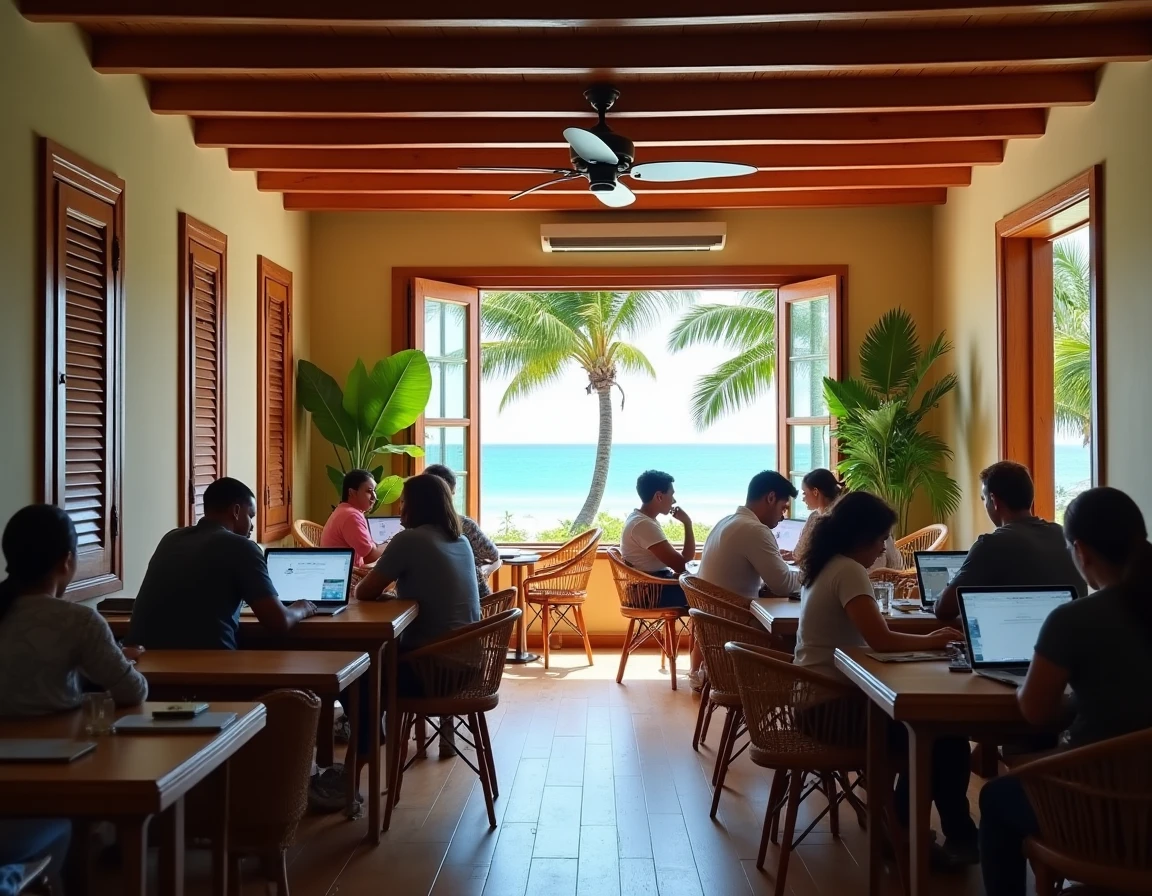Espace de coworking dans une villa coloniale en Guadeloupe ouvert sur la mer entre palmiers