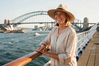 Femme en croisière sur le pont d'un paquebot avec le Harbour Bridge de Sydney en arrière-plan