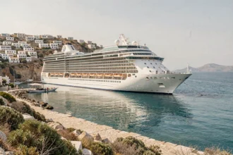 Paquebot de croisière ancré dans un port grec avec maisons blanches et mer Égée turquoise