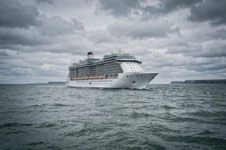 Paquebot de croisière naviguant sur les eaux de la mer du Nord sous un ciel nuageux