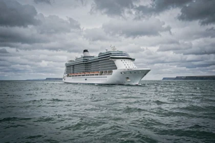 Paquebot de croisière naviguant sur les eaux de la mer du Nord sous un ciel nuageux