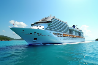 Navire de croisiere moderne sur mer turquoise ensoleillée avec voyageurs heureux