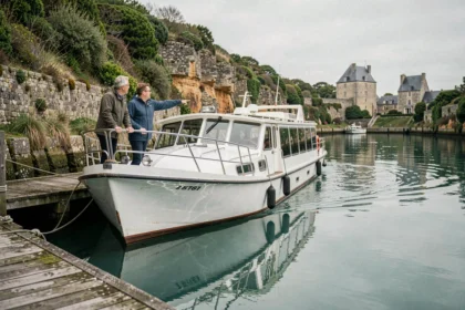 Croisière fluviale sur la Rance en Bretagne avec un couple observant les falaises et le paysage verdoyant depuis le pont du bateau