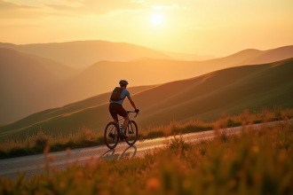 Cycliste au lever du soleil sur le Plateau de Beille