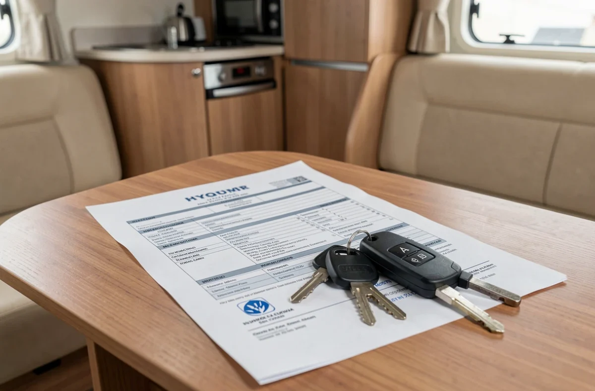 Documents d'assurance et clés de camping-car Hymer posés sur une table intérieure en bois